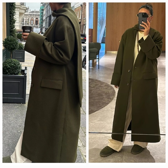 ZARA KHAKI MANTECO WOOL SCARF COAT size XS/S - Picture 9 of 17
